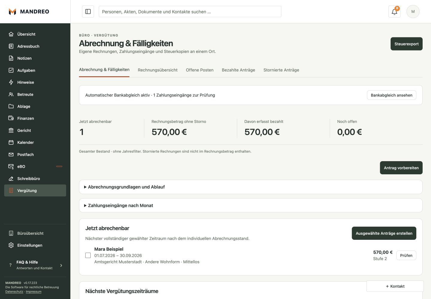 Vergütungsübersicht mit fälligem Zeitraum, Rechnungsbeträgen und Schaltfläche zur Prüfung des Beispielfalls.