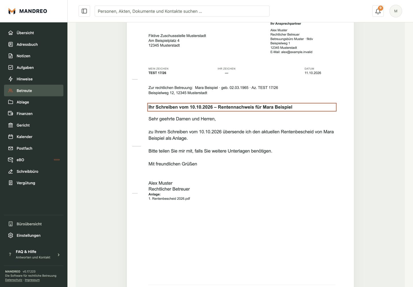 Bearbeitbarer Antwortbrief für Mara Beispiel mit Bezug auf das Eingangsschreiben, Aktenzeichen und Rentenbescheid als Anlage.